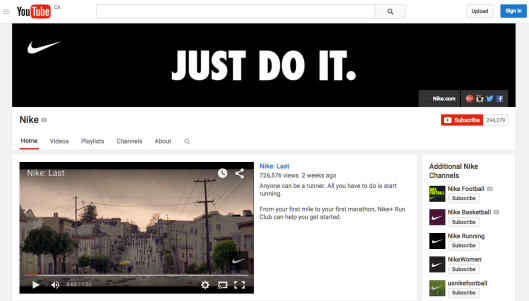 Screenshot of Nike’s official YouTube channel: Nike features several different channels on YouTube, divided by sport (e.g., Nike Basketball, Nike Football, Nike Running) and special interest (e.g., Nike Training, Nike Women), with each channel tailoring video content to its unique audience.