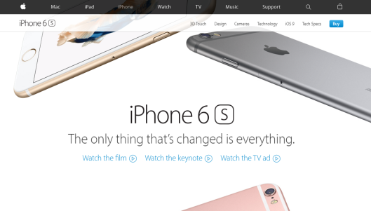 Screenshot of   apple.com  &nbsp;– Apple uses video throughout its website to promote products and educate customers. In the image above, visitors can select to “watch the film,” “watch the keynote,” or “watch the TV ad” for the iPhone6S.