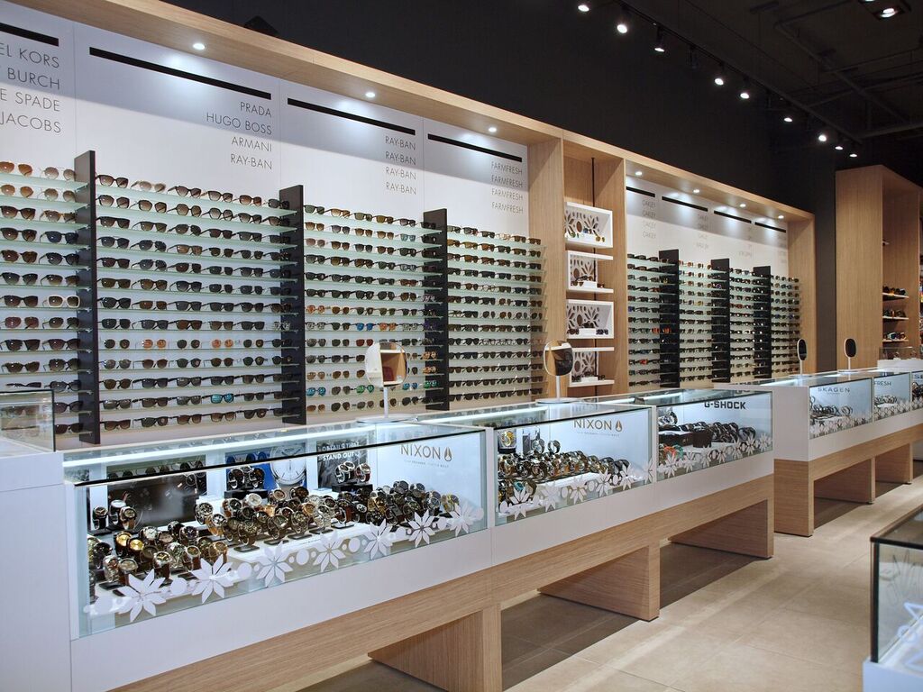 Sunglass wall and watch display cases. Photo: Peregrine.Build