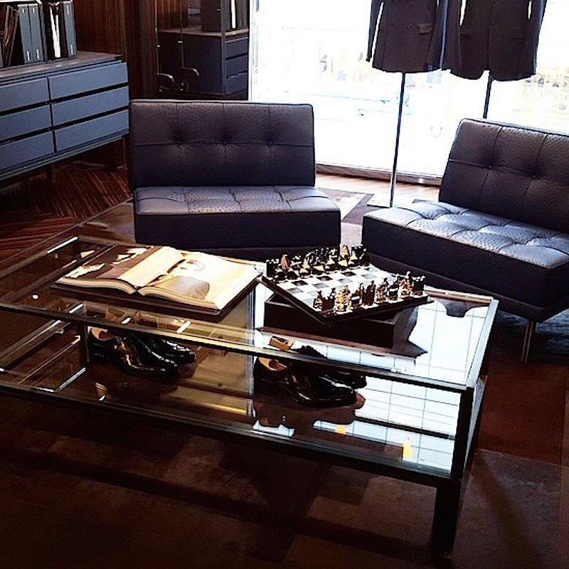 Men's made-to-measure lounge, featuring 'Wilson Purple' chairs. Photo: Helen Siwak of @Eco.Lux.Luv