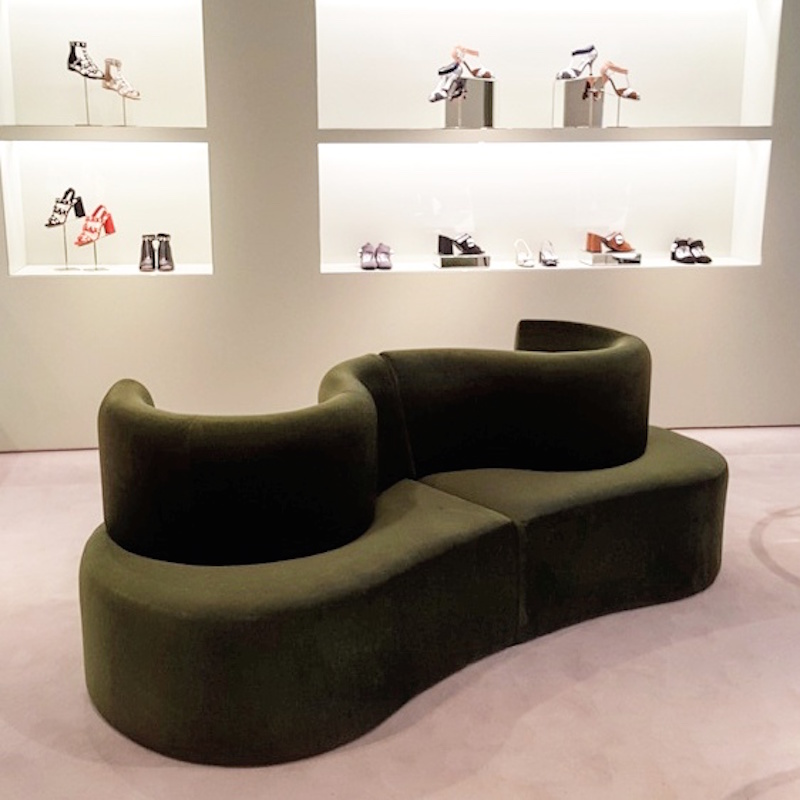 Footwear on the store's ground floor, featuring 'Clover Leaf' sofa. Photo: Helen Siwak of @Eco.Lux.Luv