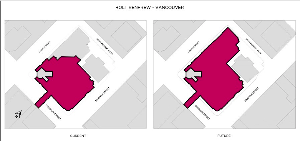 Holt's is expanding along Howe Street, growing from 30' frontage to 200'. Plan: Holt Renfrew