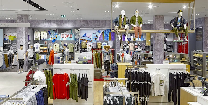Youthful men's fashions are profiled in the store's DJAB department. 