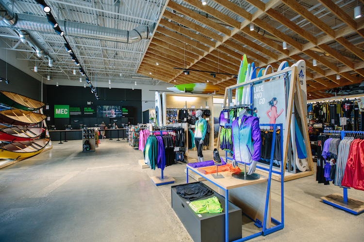 Colourful powder coated metal trim with wood benches are found throughout the store, all built by Peregrine . 