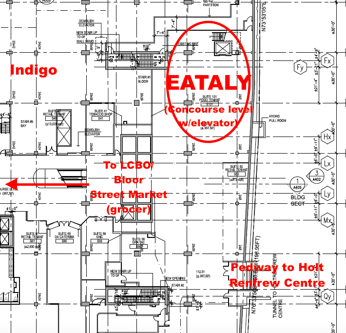 Plans show Eataly occupying retail space on the concourse level of Manulife Centre. Eataly is marked as 'Suite 131' on all plans as 'Food Tenant'. 