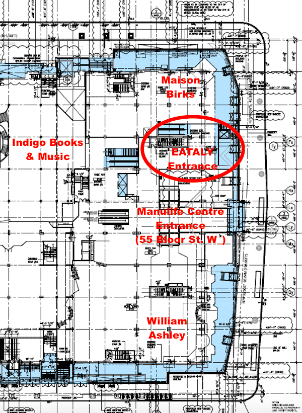 Ground floor plan, showing Manulife's retail expansion in blue. Eataly would have an exterior entrance facing Bloor Street West, between the centre's main entrance and Maison Birks. Plans show a new elevator, stairway and escalators upstairs to Eataly's 2nd-level retail floor. 