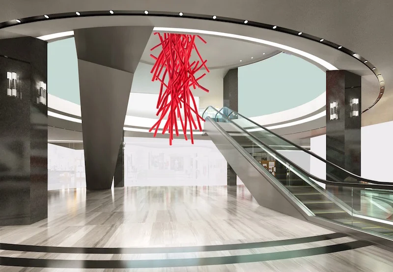 'Torrential Red', a striking installation by Shayne Dark, will be suspended in the centre of the store in Simons’ escalator atrium, connecting the bottom and top floors.