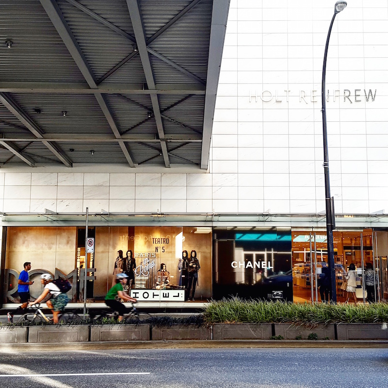 Chanel's Dunsmuir Street-facing windows on the morning of Tuesday, June 7. Chanel's facade faces the Dunsmuir Street bike lane, and it partially under a pedway providing access between Holt's and CF Pacific Centre across the street. Photo: Helen Siwak of @Eco.Lux.Luv