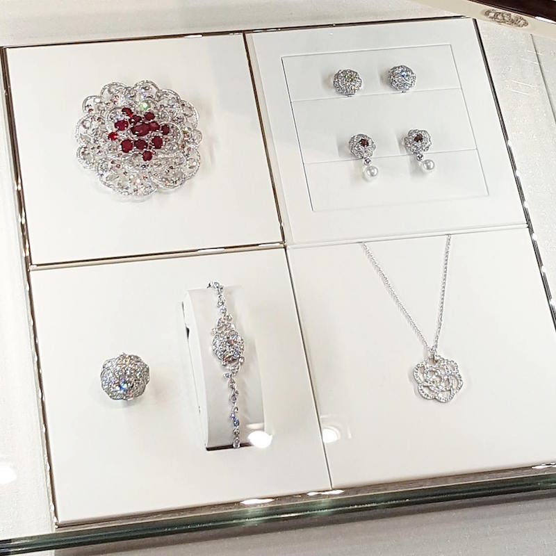 Top left: $3 million ' Camillia ' diamond broach with 'pigeon blood' red rubies. Photo: Helen Siwak of @Eco.Lux.Luv
