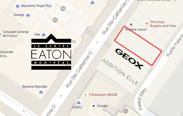 Click for interactive Google Map, with edits by  Maxime Frechette . 710 Sainte Catherine Street West is outlined in red.