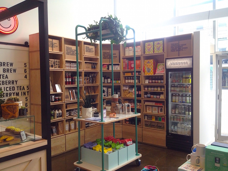 Selection of coffee accessories, housewares, juices. 