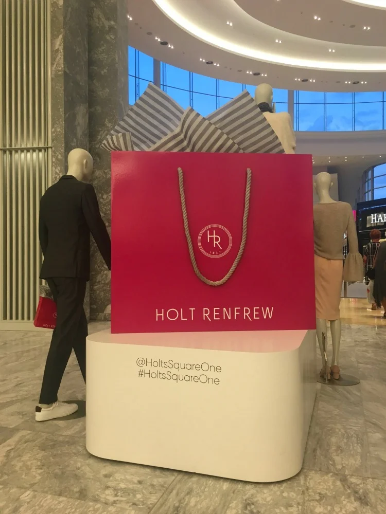 Oversized shopping bag at the mall entrance to the new Holt's Square One. Photo: Chantal Mizerski, Retail Council of Canada.