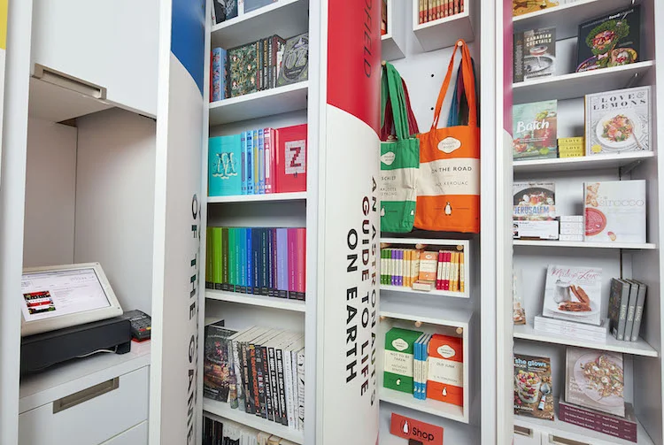 POS system at the left can be concealed behind a 'book spine', with other shelving pulled out to demonstrate functionality in this photo.&nbsp;