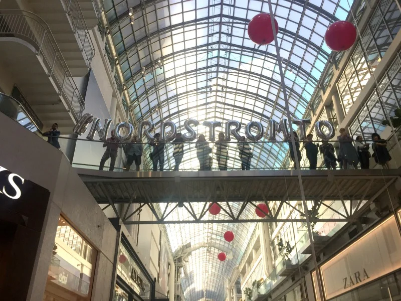 Looking up from the entrance of Nordstrom at CF Toronto Eaton Centre southward, with 'NORDSTROMTO' Spelled out in balloons.&nbsp;  Photo: Devon Johnson