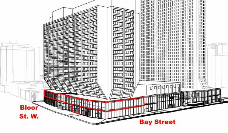 Rendering with Eataly outlined in red. Most of Eataly's retail space is on Manulife Centre's second level.