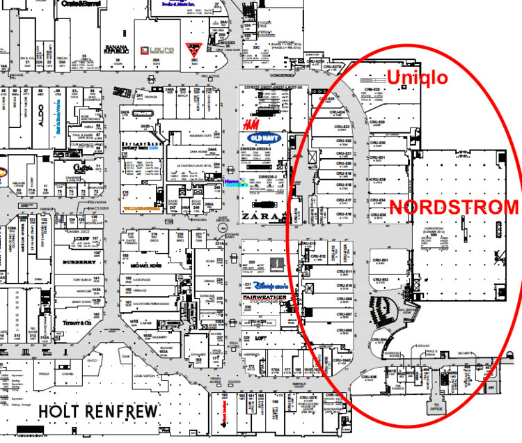 Nordstrom will be located in Yorkdale's new 'Nordstrom Wing', circled in red. Uniqlo will anchor the north end of the new wing, as per the Oxford Properties lease plan above.&nbsp;