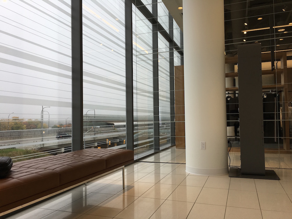 (Natural light, and a view of the Yorkdale subway station from the elevator banks in the new store. Monday, October 17 was a cloudy/foggy day in Toronto) 