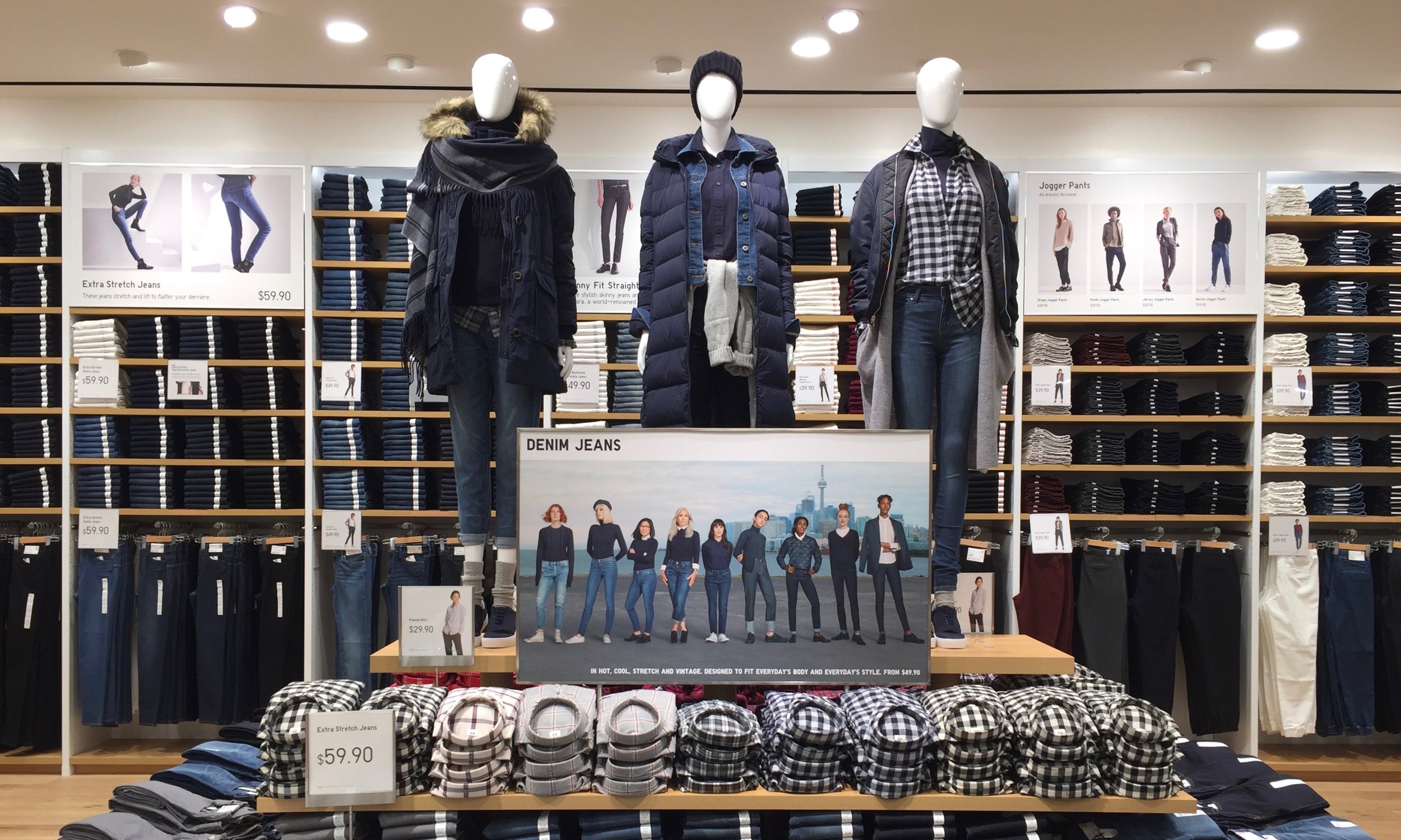 Denim jeans are found on the second floor.