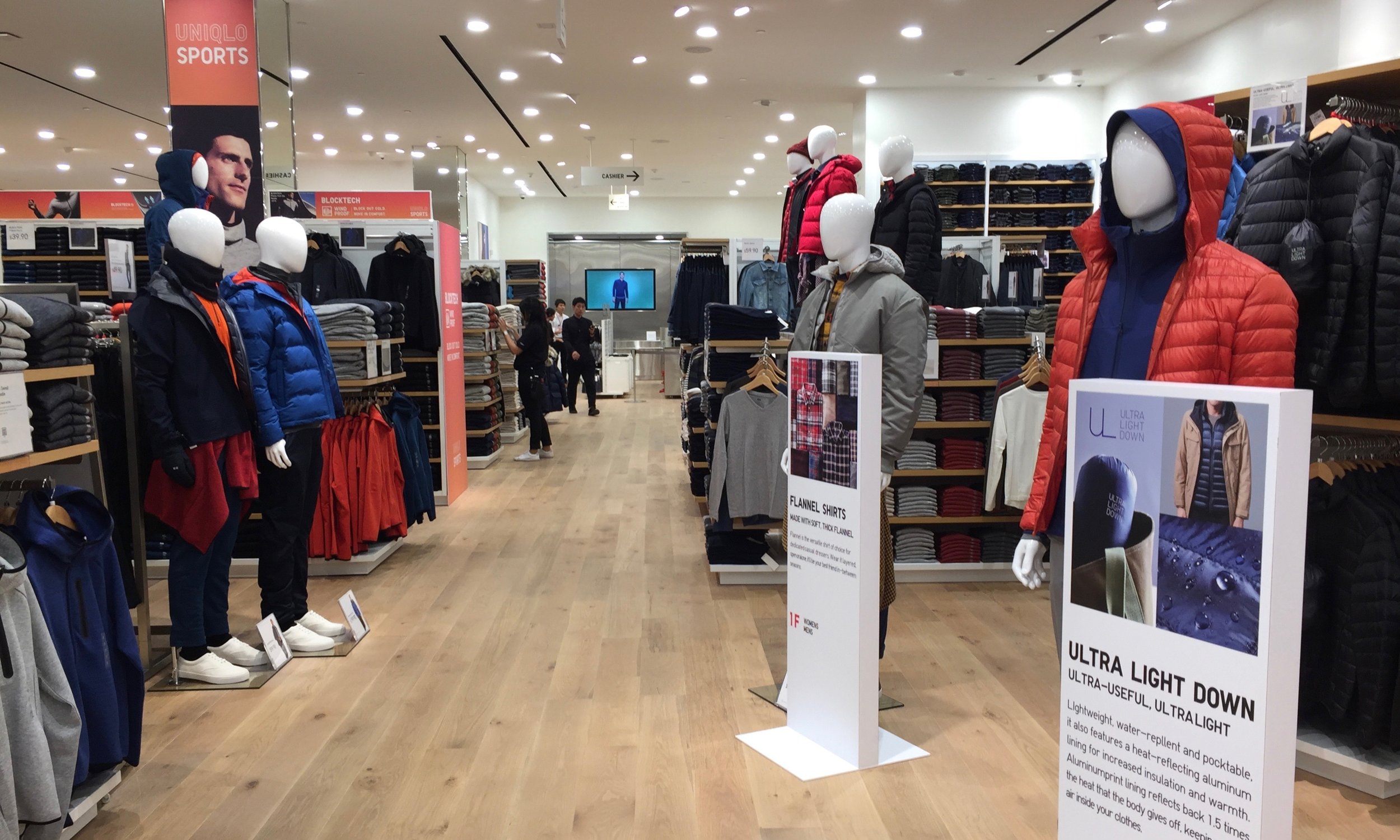 The first floor contains some of Uniqlo's most popular product offerings, including their signature ultra light down jacket.
