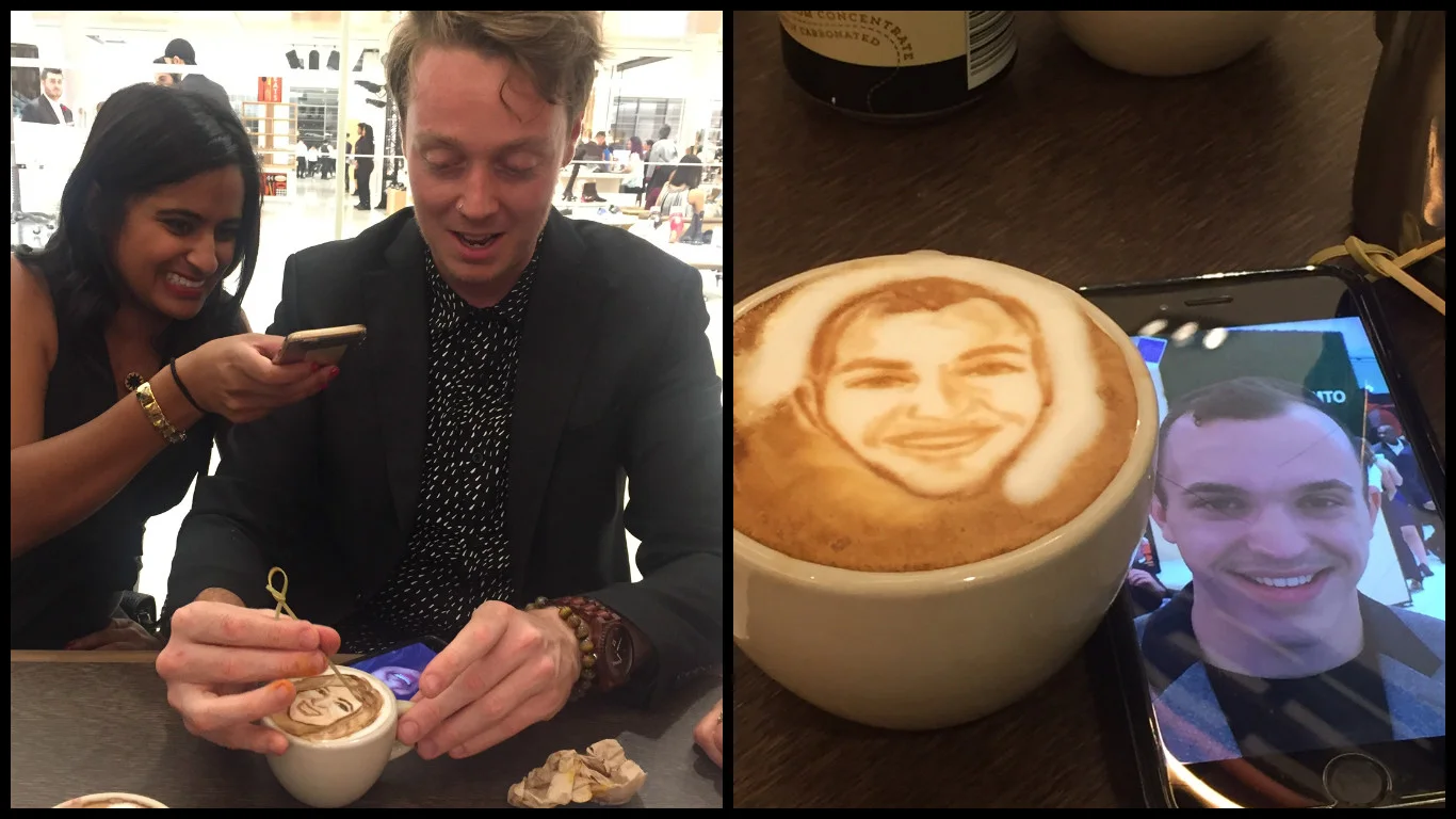 (Talented coffee artist  Michael Breach  entertained attendees in the store's new 'Ebar' during the October 19 gala. The photo on the right is of Retail Insider's Devon Johnson).&nbsp;