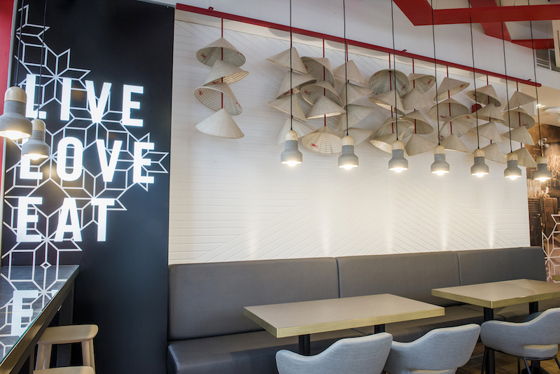 (Tables and lighting at the new Basil Box at Queen & Spadina in Toronto) 