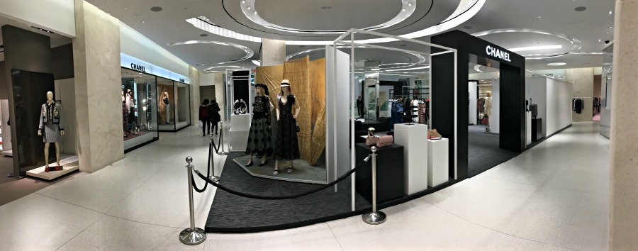 (elongated view of Holt's second floor, showing the existing Chanel concession to the left, and the pop-up to the right)