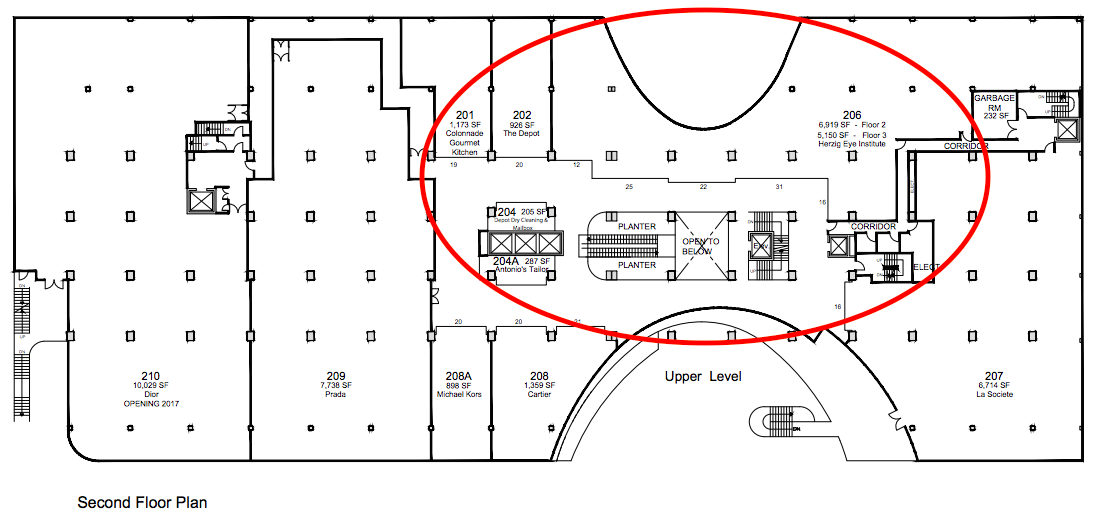(William Ashley will occupy about 14,000 square feet of The Colonnade's second level, including current common area and retail spaces including the Herzig Eye Institute. Red oval is for demonstration only, and is not an accurate indication of the full space that William Ashley will occupy. Click above for PDF lease plan)&nbsp;