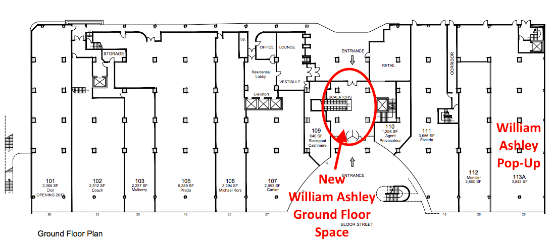 (William Ashley will occupy about 1,000 square feet on the ground level of The Colonnade, in space currently utilized as common-area. Teuscher of Switzerland chocolates will also have space here. Click above for PDF lease plan)