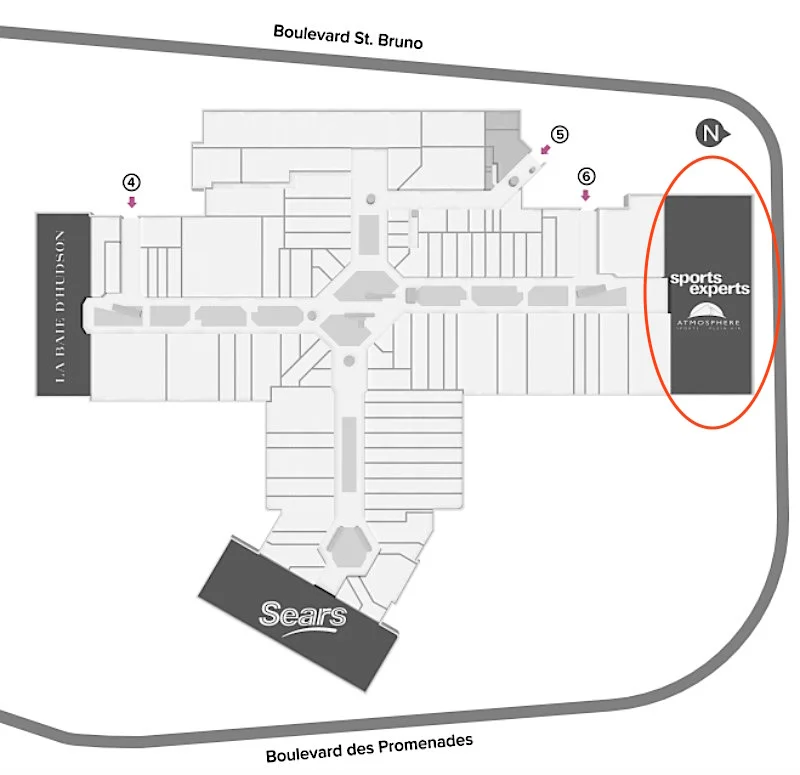 (SIMONS WILL REPLACE SPORTS EXPERTS/ATMOSPHERE ON THE PLAN ABOVE. CLICK IMAGE FOR INTERACTIVE CF PROMENADES ST-BRUNO FLOOR PLAN, VIA CADILLAC FAIRVIEW)&nbsp;
