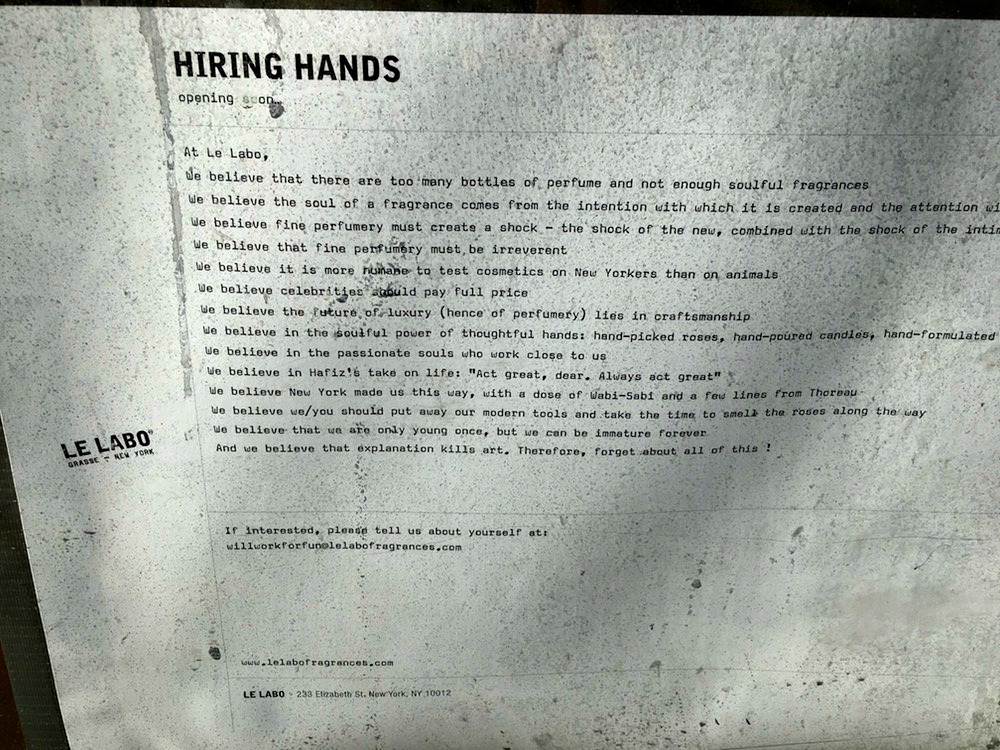 (job posting in the window of toronto's new le labo store) 