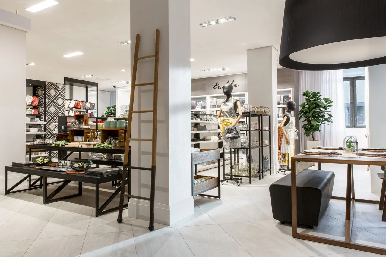 (Maison &nbsp;— Simons’ home collection, is housed in a warm grey environment with pops of bright green tiles, featuring kitchen, bath and bedroom vignettes)