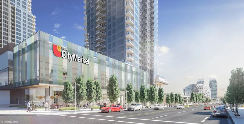 (calgary: riocan/embassy bosa 'east village' project will feature over 500 suites, with substantial retail at its base. Photo: Riocan)