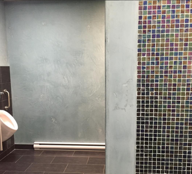 (Four years later and these blue distressed Venetian plaster walls are all stain free in the this commercial building)