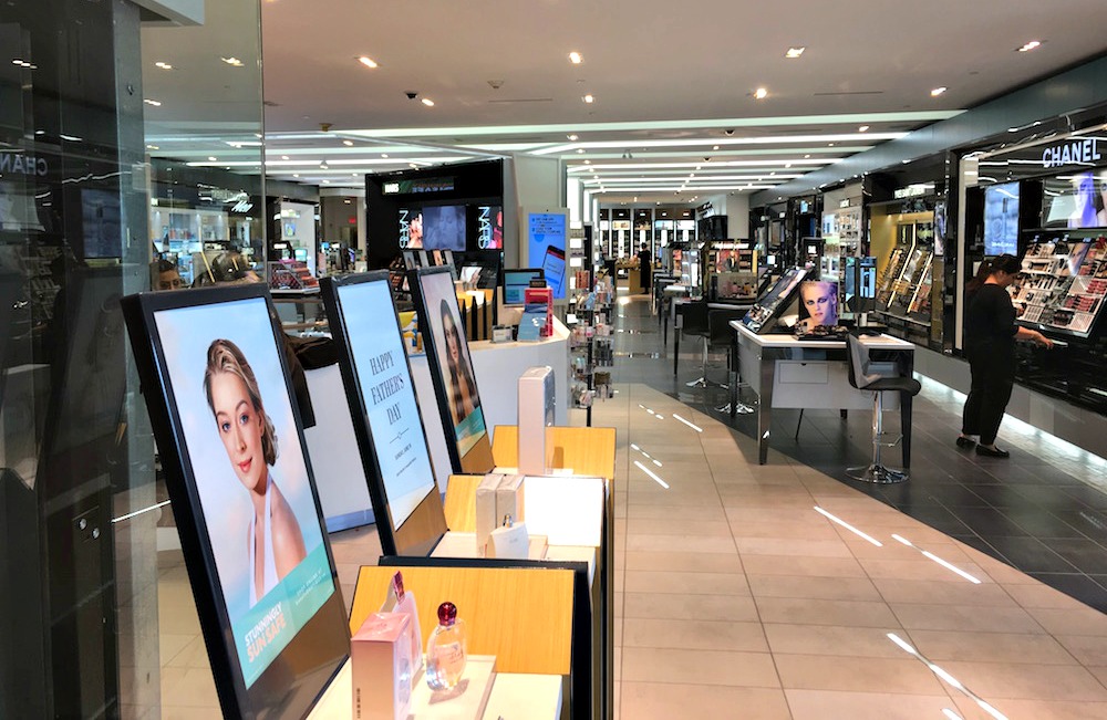 (2-level shoppers drug mart. the mall level features an assortment of upscale cosmetics, and the lower level features shoppers drug mart's more typical offerings) 