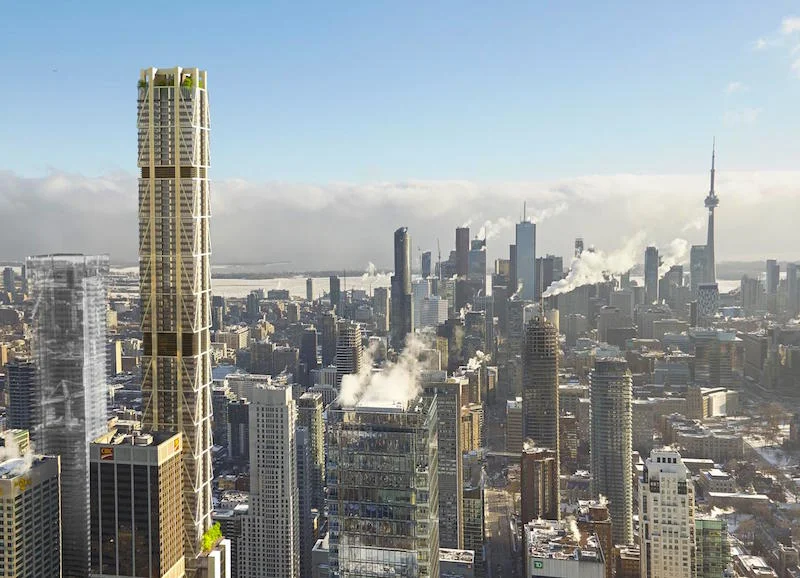 (One bloor east and one bloor west, both to the left of this rendering. One bloor west, aka 'the one' is the taller of the two. rendering: mizrahi developments)