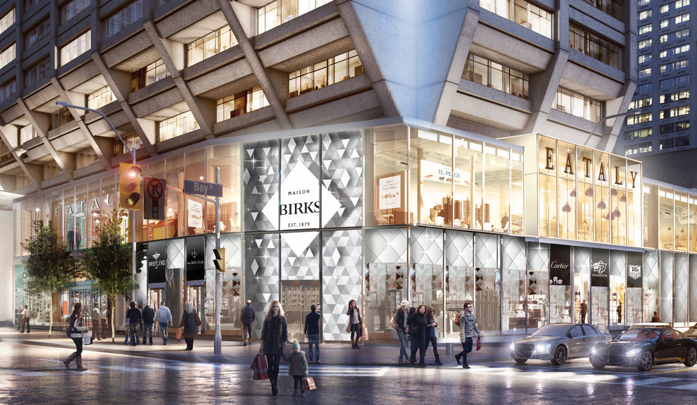 (Birks at toronto's Manulife centre will be completely redone. The one-level retail space with streetfront boutiques for Breitling and Van Cleef &amp; Arpels, will be directly below a new Eataly. Birks will temporarily move into another retail space at manulife centre while the existing space is overhauled. Rendering: Manulife/B+H Architects)&nbsp;