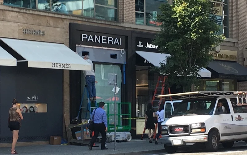 (Panerai will be located next to hermes, which currently occupies the corner space at 755 Burrard Street. Photo: Lee Rivett) 