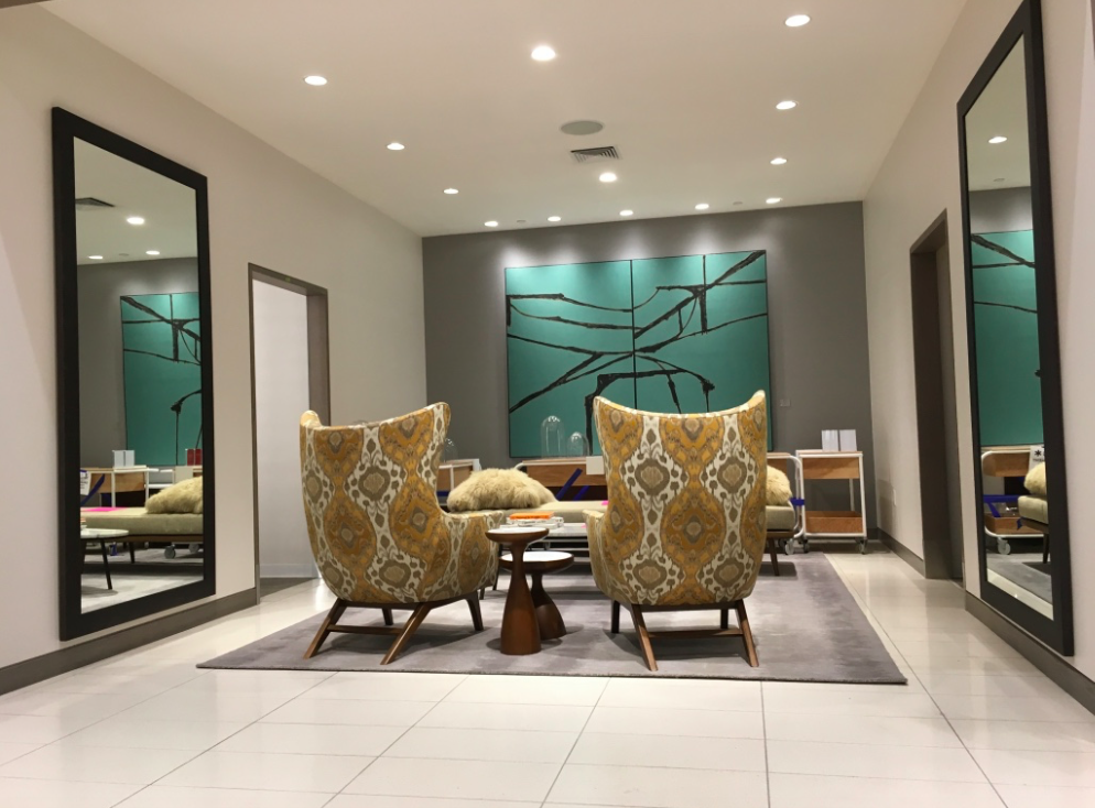 (Comfortable seating area near women's fashion departments) 