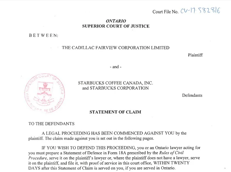 (image: front page of filed statement of claim) 