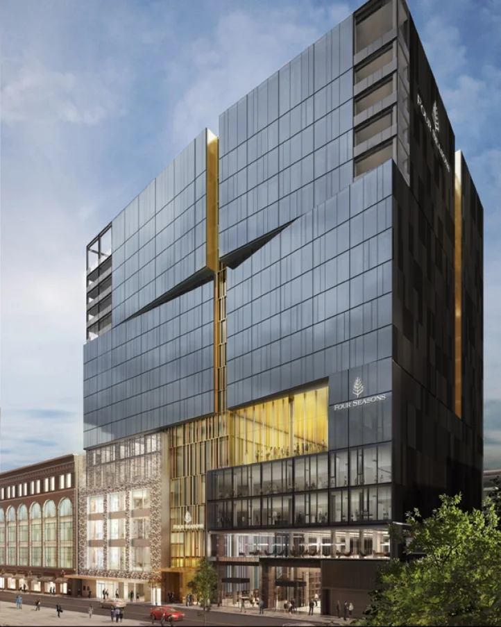 (Four Seasons Hotel and private residences: 163 Hotel rooms starting at $600/night, and 18 luxury condominium APARTMENTS priced at $4m-$20m each. Rendering: Carbonleo) 