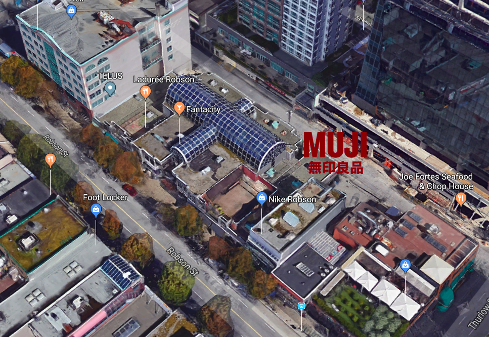 (Looking from above: MUJI's vancouver flagship includes the glass atrium formerly housing the 'Robson galleria' mini-mall that once occupied the site. The 10,000 square foot Polo Ralph Lauren store was eventually replaced by The Gap, prior to being leased to MUJI. Image: Google Street View)&nbsp;
