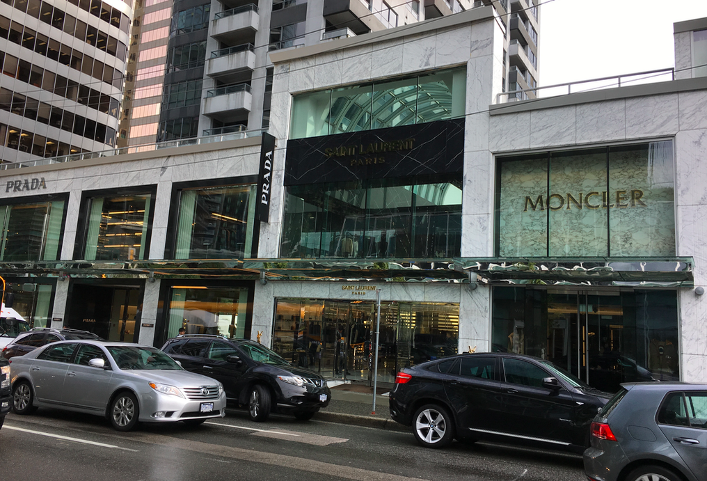 (The Carlyle's Thurlow street-facing side, with Prada, Saint Laurent and Moncler. Photo: Craig Patterson) 