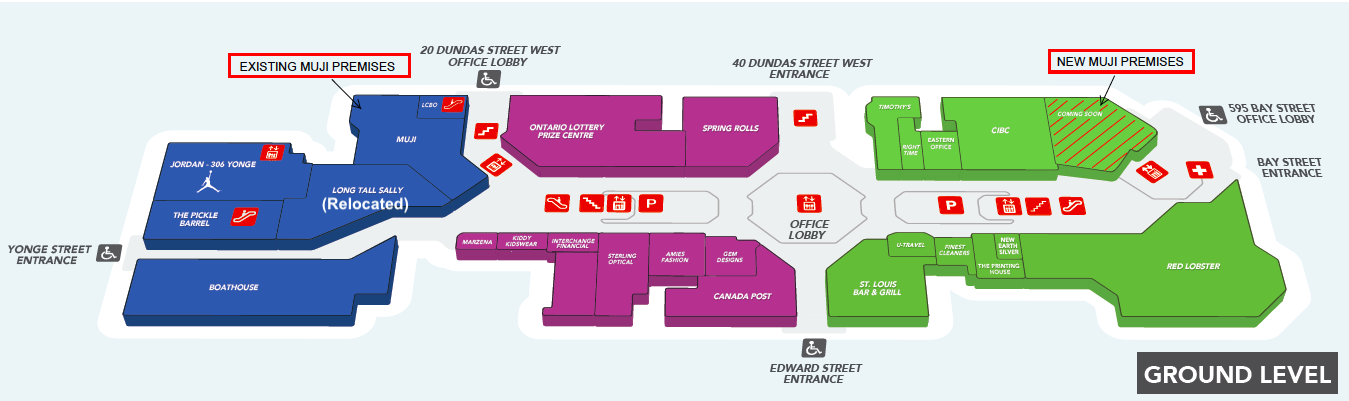 (Street level floor Plan of the atrium in Toronto. 'New Muji Premises' will be the pop-up space) 