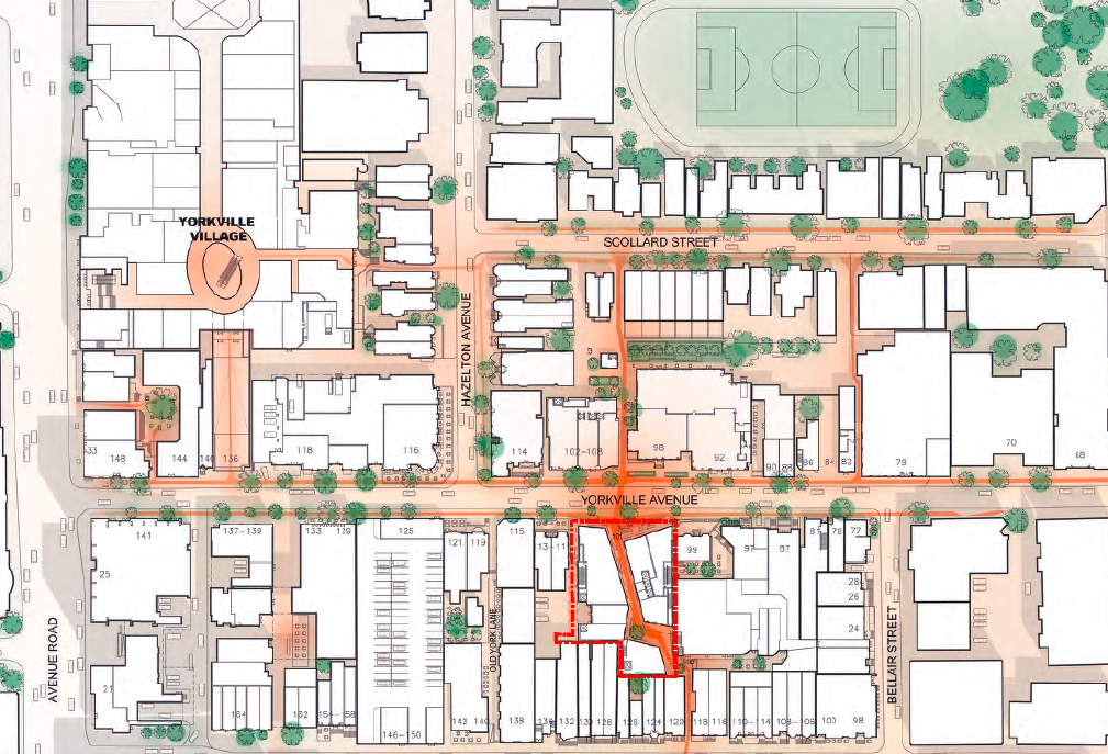 (Map of Yorkville, indicating the project's neighbourhood connectivity) 