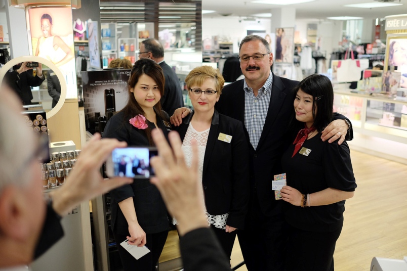 Sears Metrotown: Former Sears Canada CEO Ron Boire visited the Burnaby store in 2015 as part of his B.C. tour. Boire stopped to visit with Metrotown employees Joyce Chien, Vicky Hernandez and Bianca Leung. Photo: LARRY WRIGHT/BURNABY NOW