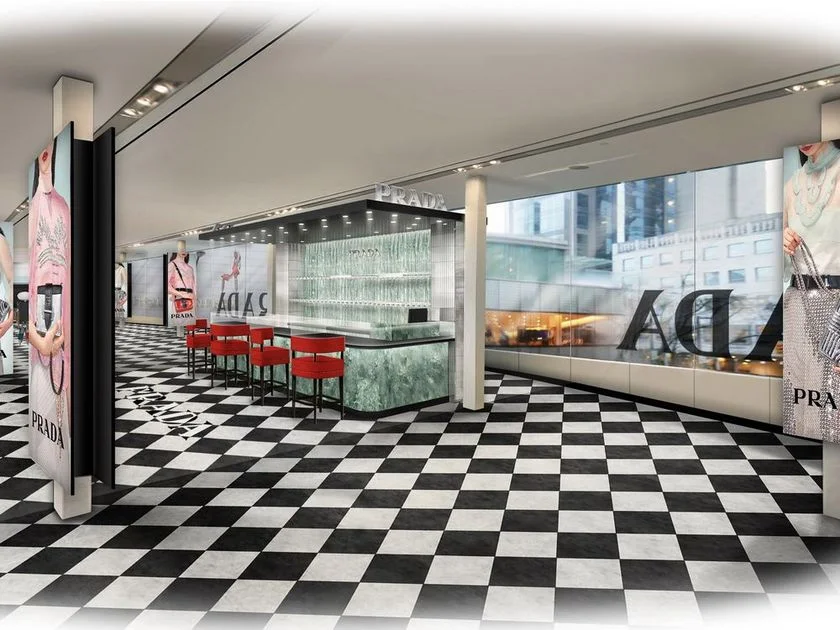 (The pedestrian passage over dunsmuir Street at Holt Renfrew in Vancouver will be transformed into a "Prada Spirit Pop-Up shop" from Feb. 8-19 of this year. Rendering courtesy of Prada) 
