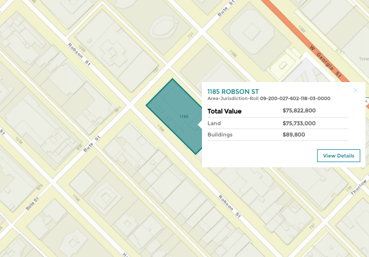 (An example from BC Assessment of a site where the land is worth a fortune, and the buildings are practically worthless. There are plenty of other examples in the area, signalling the possibility that, at some point, a redevelopment could be at play) 