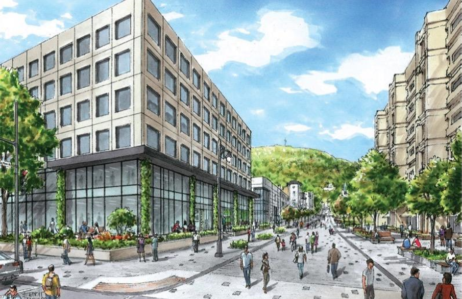 [Rendering of the renovated school building on the corner of Sherbrooke Street West and McTavish, which will include a street-facing retail 'lab']