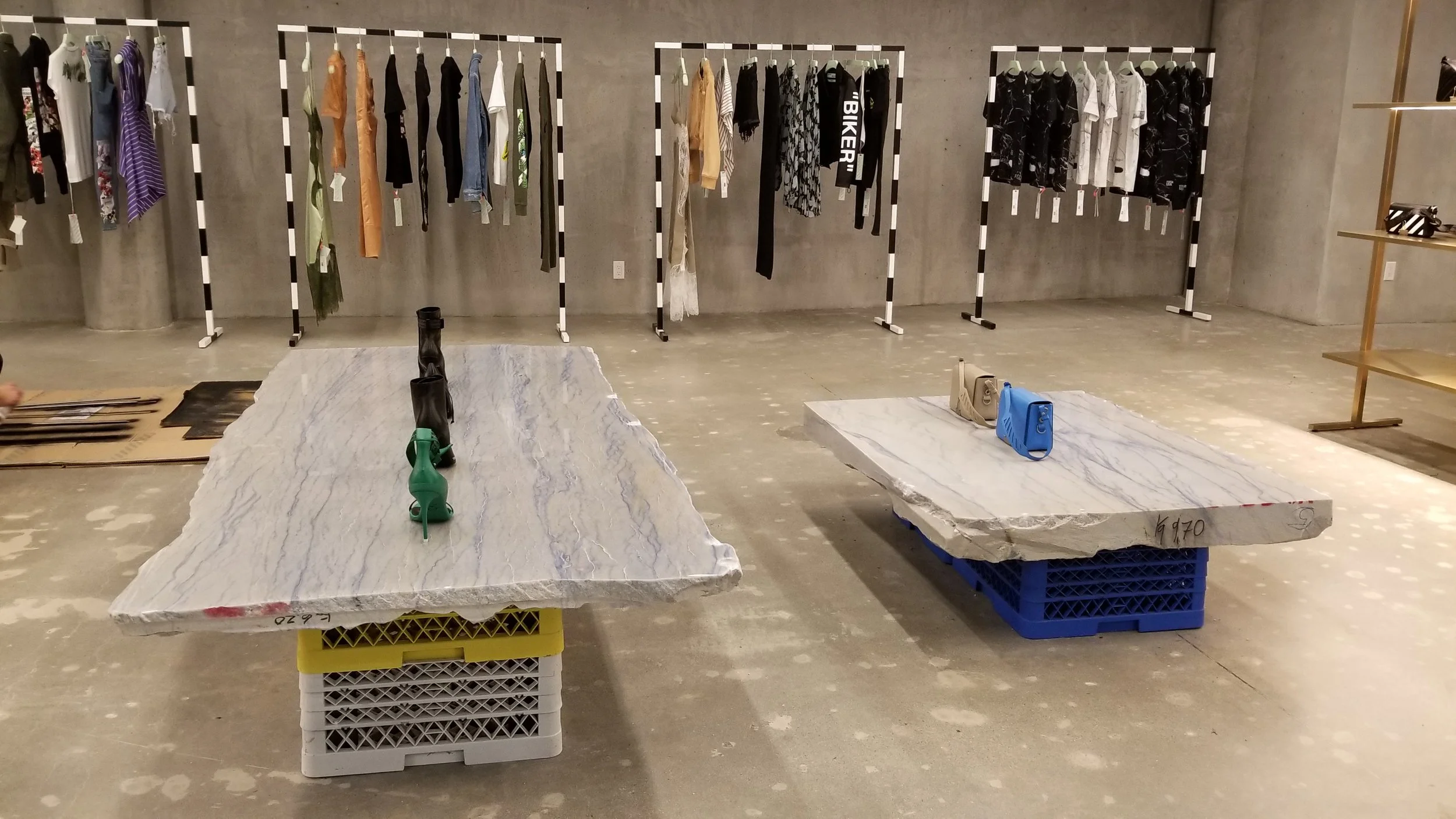 [Marble slabs on milk crates.&nbsp;[Photo: Helen Siwak]