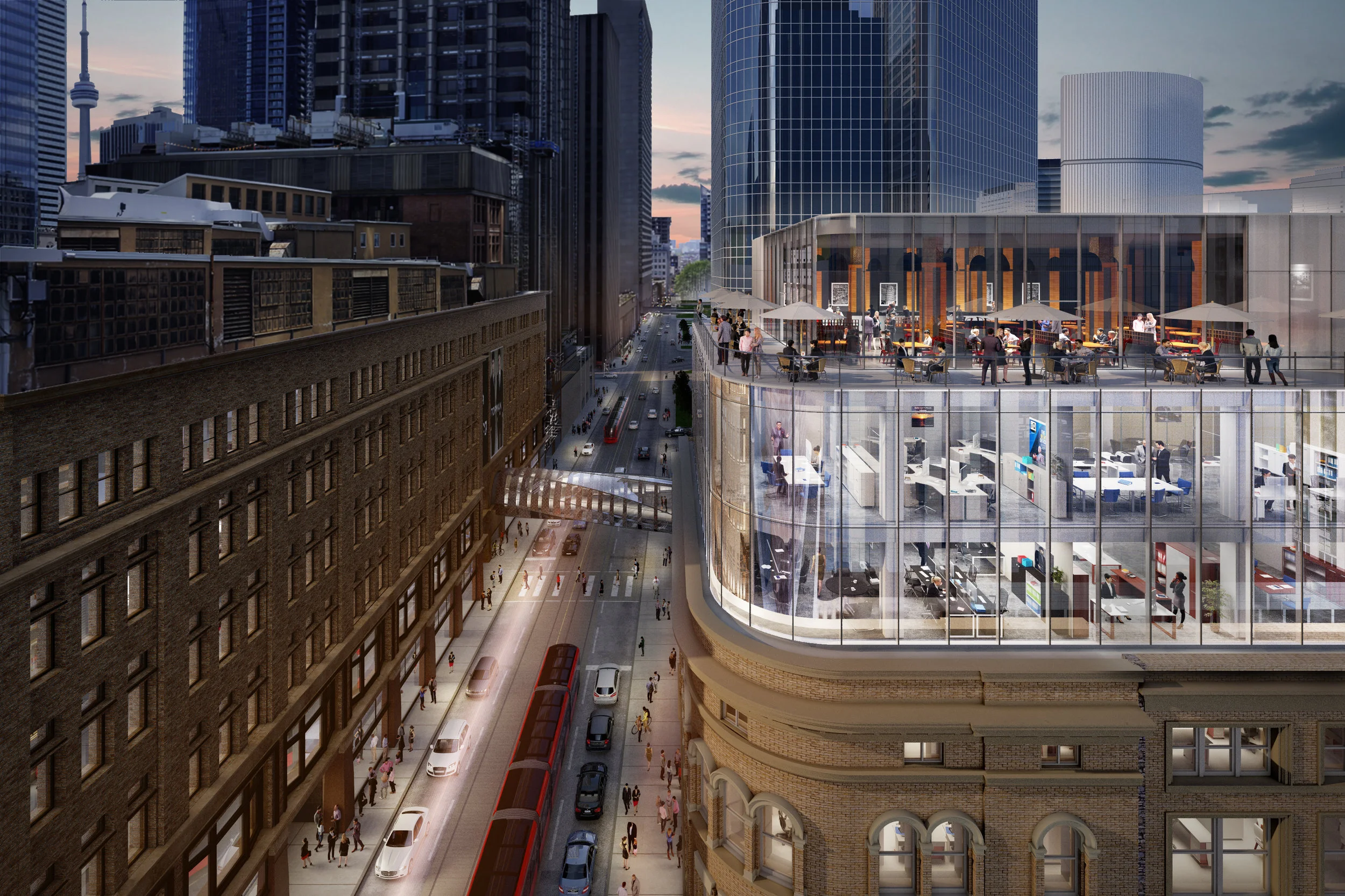 Rendering looking past 2 Queen Street West towards the Hudson's Bay Building (and its pedway), towards the CN Tower.&nbsp;